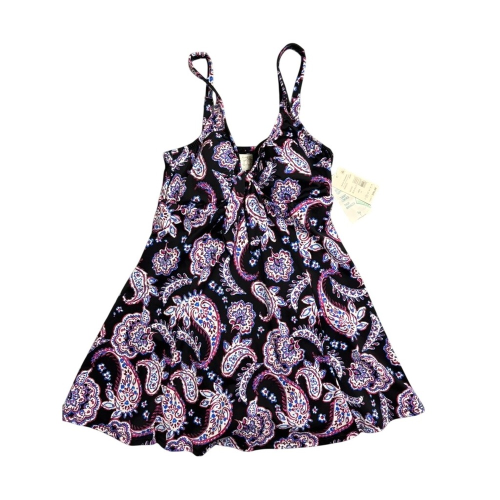 NWT Swim Solutions Swim Dress Women 10 Black Paisley Tummy Control Bow Front